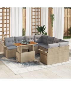 vidaXL 9-częściowy zestaw sofy ogrodowej z poduszkami w beżowym rattanowym poliesterze, vidaXL 2-osobowa sofa ogrodowa ze schowkiem i poduszkami w beżowym rattanowym poliesterze Dārza mēbeļu komplekti