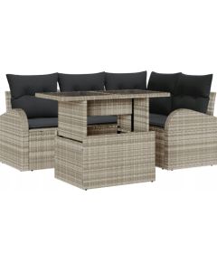 Zestaw Sofy Ogrodowej vidaXL 5 Części z Poduszkami Jasnoszary Rattan Poliester, Sofa Ogrodowa vidaXL 2-osobowa z Przechowaniem i Poduszkami Jasnoszary Rattan Poliester Dārza mēbeļu komplekti