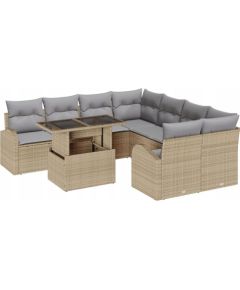 Zestaw Sofy Ogrodowej vidaXL 9 Elementowy z Poduszkami Beżowy Polirattan, Sofa Ogrodowa vidaXL 2-osobowa z Przechowalnią i Poduszkami Beżowy Polirattan Dārza mēbeļu komplekti