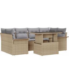 Zestaw Sofy Ogrodowej vidaXL 7 Częściowy z Poduszkami Beżowy Rattan PE, Sofa Ogrodowa vidaXL 2-osobowa z Przechowywaniem i Poduszkami Beżowy Rattan PE Dārza mēbeļu komplekti