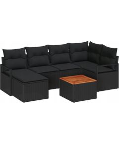 Zestaw sofy ogrodowej vidaXL 7 elementów z poduszkami czarny polirattan akacja, Sofa ogrodowa vidaXL 2-osobowa z miejscem na przechowywanie i poduszkami czarny polirattan Dārza mēbeļu komplekti