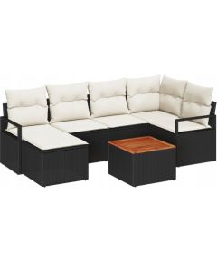 Vidaxl 7-częściowy zestaw sof ogrodowych z poduszkami Czarny Polirattan Akacja, 2-osobowa sofa ogrodowa z przechowalnią i poduszkami Czarny Polirattan Dārza mēbeļu komplekti