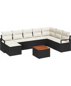 Vidaxl Zestaw Sof Ogrodowych 9 Elementów z Poduszkami Czarny Polirattan Akacja, Sofa Ogrodowa 2-osobowa z Przechowalnią i Poduszkami Czarny Polirattan Dārza mēbeļu komplekti