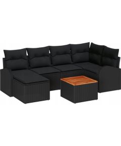 7-częściowy zestaw sof ogrodowych vidaXL z poduszkami czarny polirattan akacjowy, 2-osobowa sofa ogrodowa vidaXL ze schowkiem i poduszkami czarny polirattan Dārza mēbeļu komplekti