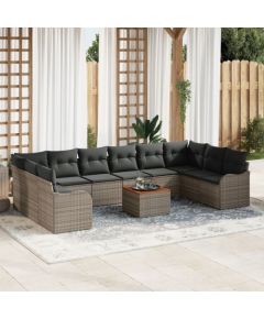 Zestaw 11-częściowy sof ogrodowych vidaXL z poduszkami Szary Poli Rattan Akacja, 2-osobowa sofa ogrodowa vidaXL z miejscem na przechowywanie i poduszkami Szary Poli Rattan Dārza mēbeļu komplekti