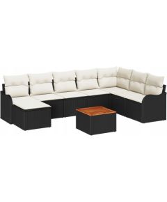 Vidaxl Zestaw 9-częściowy sofy ogrodowej z poduszkami czarny polirattan akacja, 2-osobowa sofa ogrodowa z schowkiem i poduszkami czarny polirattan Dārza mēbeļu komplekti