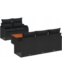 Zestaw kanapy ogrodowej vidaXL 6-częściowy z poduszkami czarny polirattan akacja, Zestaw kanapy ogrodowej vidaXL 2-osobowy z schowkiem i poduszkami czarny polirattan Dārza mēbeļu komplekti