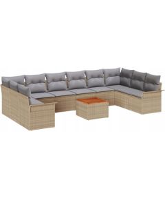 vidaXL 11-elementowy zestaw sof ogrodowych z poduszkami Beżowy Polirattan Akacja, vidaXL Dwuosobowa sofa ogrodowa z schowkiem i poduszkami Beżowy Polirattan Dārza mēbeļu komplekti