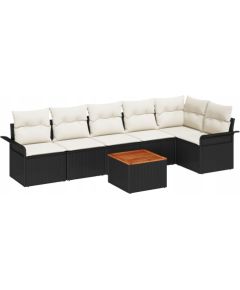 vidaXL 7-elementowy zestaw sof ogrodowych z poduszkami Czarny Poli Rattan Akacja, vidaXL 2-osobowa sofa ogrodowa z schowkiem i poduszkami Czarny Poli Rattan Dārza mēbeļu komplekti