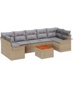 vidaXL 8-częściowy zestaw sof ogrodowych z poduszkami w beżowym polirattanowym i akacjowym drewnie, vidaXL Sofa ogrodowa dwuosobowa z miejscem do przechowywania i poduszkami w beżowym polirattanowym Dārza mēbeļu komplekti