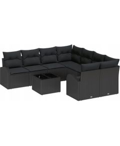Zestaw Sofy Ogrodowej vidaXL 9 Częściowy z Poduszkami Czarne Rattan Poliesterowy, Sofa Ogrodowa dla 2 Osób vidaXL z Przechowalnią i Poduszkami Czarne Rattan Poliesterowy Dārza mēbeļu komplekti