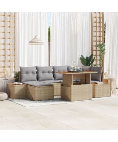 vidaXL Zestaw 7-częściowy do jadalni ogrodowej z poduszkami Beżowy Poli Rattan Akacja Dārza mēbeļu komplekti