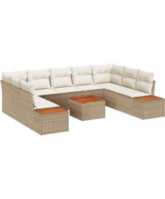 vidaXL 10-elementowy zestaw sofy ogrodowej z poduszkami Beżowy Polirattan Akacjowy Dārza mēbeļu komplekti