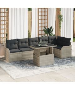 Vidaxl Zestaw 7-częściowy kanap ogrodowych z poduszkami Jasnoszary Rattan Poliester, Sofa ogrodowa 2-osobowa z poduszkami Jasnoszary Rattan Poliester Dārza mēbeļu komplekti