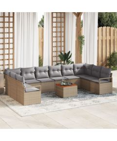 Vidaxl 11-elementowy zestaw sof ogrodowych z poduszkami w beżowym polirattanie i akacji, Sofa ogrodowa dwuosobowa z poduszkami w beżowym polirattanie Dārza mēbeļu komplekti