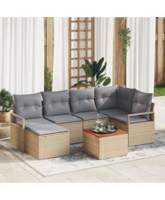Vidaxl Zestaw Sofowy do Ogrodu 7-częściowy z Poduszkami Beżowy Poli Rattan Akacja, Sofa do Ogrodu 2-osobowa z Poduszkami Beżowy Poli Rattan Dārza mēbeļu komplekti