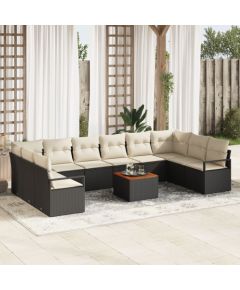 Vidaxl 11-częściowy zestaw sof ogrodowych z poduszkami czarny poli rattan akacja, Dwóosobowa sofa ogrodowa z poduszkami czarny poli rattan Dārza mēbeļu komplekti