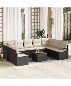 Zestaw sof ogrodowych vidaXL 10 części z poduszkami czarny polirattan akacja, Dwumiejscowa sofa ogrodowa vidaXL z poduszkami czarny polirattan Dārza mēbeļu komplekti