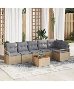 Zestaw sof ogrodowych vidaXL w 7 częściach z poduszkami beżowy polirattan akacja, Dwuosobowa sofa ogrodowa vidaXL z poduszkami beżowa polirattan Dārza mēbeļu komplekti