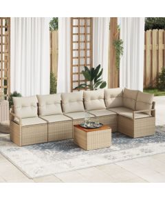 Zestaw sofy ogrodowej vidaXL w 7 częściach z poduszkami Beżowy Poli Rattan Akacja, Dwuosobowa sofa ogrodowa vidaXL z poduszkami Beżowy Poli Rattan Dārza mēbeļu komplekti