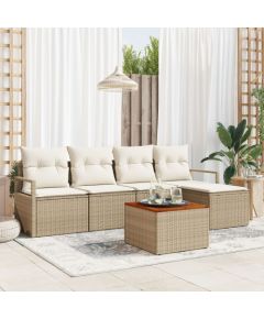 Vidaxl 6-częściowy zestaw sofy ogrodowej z poduszkami beżowy poli rattan akacja, Sofa ogrodowa dla dwóch z poduszkami beżowy poli rattan Dārza mēbeļu komplekti