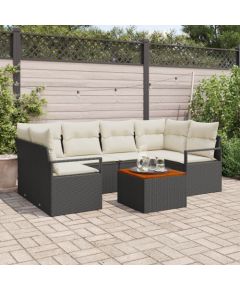 Zestaw Sof Ogrodowych vidaXL 7 Elementów z Poduszkami Czarny Polirattan Akacja, Zestaw Sofy Dwuosobowej vidaXL z Poduszkami Czarny Polirattan Dārza mēbeļu komplekti