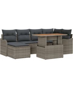 Vidaxl Zestaw 7-elementowy sof ogrodowych z poduszkami Szary Rattan Poliester Akacja, Sofa ogrodowa dwuosobowa z poduszkami Szary Rattan Poliester Dārza mēbeļu komplekti