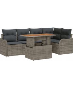 Vidaxl Zestaw ogrodowy 6-częściowy z poduszkami Szary Polirattan Akacja, Sofa ogrodowa 2-osobowa z poduszkami Szary Polirattan Dārza mēbeļu komplekti