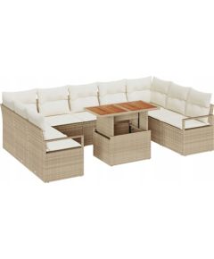 Vidaxl Zestaw 10-częściowy sofy ogrodowej z poduszkami beżowy Poly Rattan Acacia, Sofa ogrodowa dwuosobowa z poduszkami beżowa Poly Rattan Dārza mēbeļu komplekti