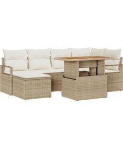 vidaXL 7-częściowy Zestaw Sofy Ogrodowej z Poduszkami Beżowy Polirattan Akacja, vidaXL 2-osobowa Sofa Ogrodowa z Poduszkami Beżowy Polirattan Dārza mēbeļu komplekti