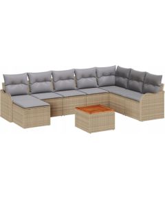 9-częściowy zestaw sof ogrodowych vidaXL z beżowymi poduszkami z poly rattan i akacji, 2-osobowa sofa ogrodowa vidaXL z beżowymi poduszkami z poly rattan Dārza mēbeļu komplekti