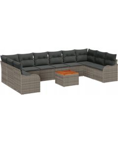 vidaXL Zestaw sofy ogrodowej 10-częściowy z poduszkami szary polirattan akacja, vidaXL Dwuosobowa sofa ogrodowa z poduszkami szary polirattan Dārza mēbeļu komplekti