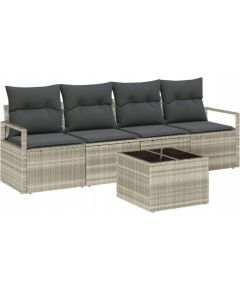 Zestaw 5-częściowych sof ogrodowych vidaXL z poduszkami jasnoszary polirattan, Sofa ogrodowa 2-osobowa vidaXL z poduszkami szara polirattan Dārza mēbeļu komplekti