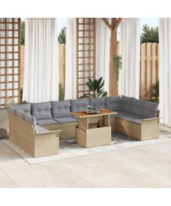 vidaXL Zestaw mebli ogrodowych z poduszkami 11 częściowy beżowy polirattan akacja Dārza mēbeļu komplekti