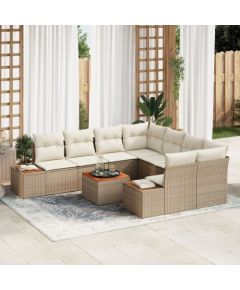 vidaXL Zestaw 9-elementowy kanap ogrodowych z poduszkami beżowy poli rattan akacja Dārza mēbeļu komplekti