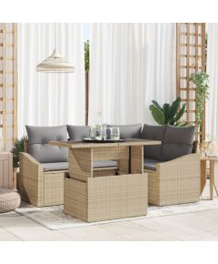 vidaXL Zestaw 5-częściowy sofy ogrodowej z poduszkami, beżowy poly rattan Dārza mēbeļu komplekti