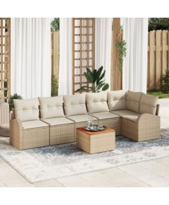 vidaXL Zestaw sof ogrodowych  7-częściowy z poduszkami Beżowy Poly Rattan Akacja Dārza mēbeļu komplekti