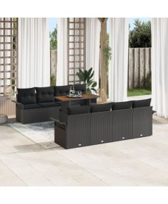 vidaXL Zestaw 9-częściowy sof ogrodowych z poduszkami czarnymi i tekowymi Dārza mēbeļu komplekti