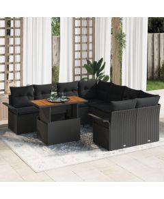 vidaXL Zestaw 9-częściowego ogrodowego sof z poduszkami czarny technorattan akacja Dārza mēbeļu komplekti