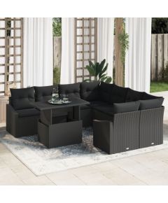 vidaXL 9 Elementowy Zestaw Sofy Ogrodowej z Poduszkami Czarnego Polirattanu Dārza mēbeļu komplekti