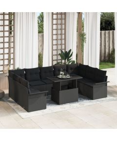 vidaXL 10-elementowy zestaw sof ogrodowych z poduszkami czarny polirattan Dārza mēbeļu komplekti