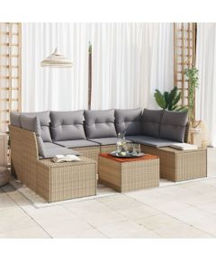 vidaXL 7-elementowy zestaw sofy ogrodowej  z poduszkami w kolorze beżowym z rattanu polietylenowego i akacjowego Dārza mēbeļu komplekti