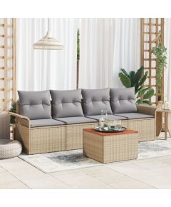 vidaXL Zestaw sofy ogrodowej  5-częściowy z poduszkami Beżowy Rattan Poliester Akacja Dārza mēbeļu komplekti