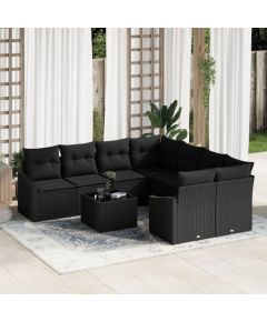 vidaXL Zestaw Sofy Ogrodowej 9 Części Czarny Rattan, Poduszki Poliestrowe Dārza mēbeļu komplekti