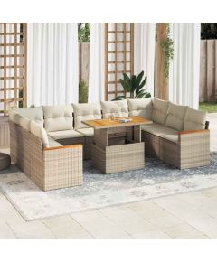 vidaXL 10-cz. zestaw mebli z poduszkami, beżowy, polirattan i akacja Dārza mēbeļu komplekti