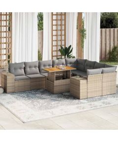 vidaXL 10-cz. zestaw mebli z poduszkami, beżowy, polirattan i akacja Dārza mēbeļu komplekti