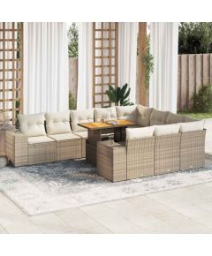 vidaXL 10-cz. zestaw mebli z poduszkami, beżowy, polirattan i akacja Dārza mēbeļu komplekti