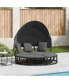 vidaXL Leżanka ogrodowa, z baldachimem i poduszkami, czarna, rattan PE Шезлонги и пляжные стулья