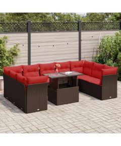 Vidaxl 10-cz. zestaw mebli z poduszkami, brązowy, polirattan i akacja Dārza mēbeļu komplekti