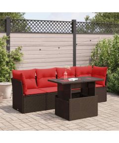 vidaXL 5-cz. zestaw mebli z poduszkami, brązowy, polirattan i akacja Dārza mēbeļu komplekti